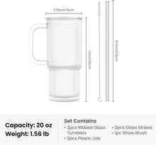 Load image into Gallery viewer, INSETLAN Ribbed Glass Tumbler with Handle, Leakproof Lid & Glass Straw | 20oz / 24oz Large Iced Coffee Glass Cup