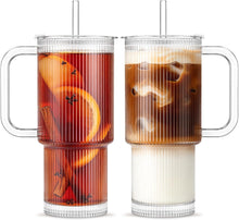 Load image into Gallery viewer, INSETLAN Ribbed Glass Tumbler with Handle, Leakproof Lid & Glass Straw | 20oz / 24oz Large Iced Coffee Glass Cup