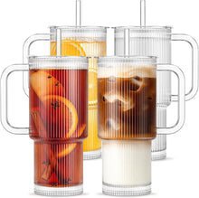 Load image into Gallery viewer, INSETLAN Ribbed Glass Tumbler with Handle, Leakproof Lid & Glass Straw | 20oz / 24oz Large Iced Coffee Glass Cup