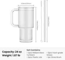 Load image into Gallery viewer, INSETLAN Ribbed Glass Tumbler with Handle, Leakproof Lid & Glass Straw | 20oz / 24oz Large Iced Coffee Glass Cup