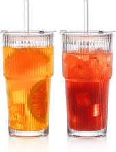 Load image into Gallery viewer, INSETLAN 2PCS 600ML Ribbed Glass Tumblers with Lids and Glass Straws, Leakproof Glass Cups, Coffee Glasses, Iced Coffee Cup, Glass Tumbler with Straw and Lid for Iced Coffee, Cocktail, Tea, Smoothie