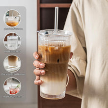 Load image into Gallery viewer, INSETLAN 2PCS 600ML Ribbed Glass Tumblers with Lids and Glass Straws, Leakproof Glass Cups, Coffee Glasses, Iced Coffee Cup, Glass Tumbler with Straw and Lid for Iced Coffee, Cocktail, Tea, Smoothie