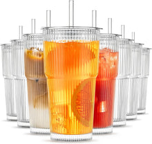Load image into Gallery viewer, INSETLAN 20oz/600ML Ribbed Glass Tumblers with Lids and Glass Straws, Leakproof Glass Cups, Coffee Glasses, Iced Coffee Cup, Glass Tumbler with Straw and Lid for Iced Coffee, Cocktail, Tea, Smoothie
