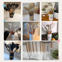 Load image into Gallery viewer, White/Black Silicone Cooking Utensils with Wooden Handles for Nonstick Cookware