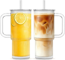 Load image into Gallery viewer, INSETLAN Ribbed Glass Tumbler with Handle, Leakproof Lid &amp; Glass Straw | 20oz / 24oz Large Iced Coffee Glass Cup
