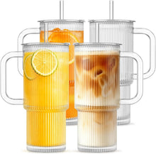 Load image into Gallery viewer, INSETLAN Ribbed Glass Tumbler with Handle, Leakproof Lid &amp; Glass Straw | 20oz / 24oz Large Iced Coffee Glass Cup
