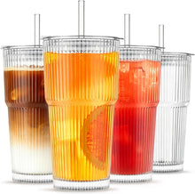 Load image into Gallery viewer, INSETLAN 20oz/600ML Ribbed Glass Tumblers with Lids and Glass Straws, Leakproof Glass Cups, Coffee Glasses, Iced Coffee Cup, Glass Tumbler with Straw and Lid for Iced Coffee, Cocktail, Tea, Smoothie
