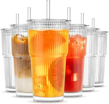 Load image into Gallery viewer, INSETLAN 20oz/600ML Ribbed Glass Tumblers with Lids and Glass Straws, Leakproof Glass Cups, Coffee Glasses, Iced Coffee Cup, Glass Tumbler with Straw and Lid for Iced Coffee, Cocktail, Tea, Smoothie
