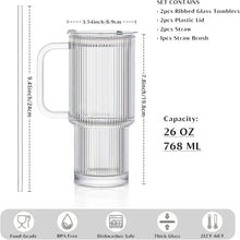 Load image into Gallery viewer, INSETLAN 26oz Ribbed Glass Tumbler with Handle &amp; Lid – 2-Pack Large Iced Coffee Cups with Straws, Modern Glass Mug for Cold &amp; Hot Beverages, Aesthetic Travel Cup for Smoothies, Tea, and Juice
