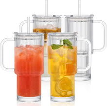 Load image into Gallery viewer, INSETLAN 26oz Ribbed Glass Tumbler with Handle &amp; Lid – 2-Pack Large Iced Coffee Cups with Straws, Modern Glass Mug for Cold &amp; Hot Beverages, Aesthetic Travel Cup for Smoothies, Tea, and Juice
