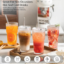Load image into Gallery viewer, INSETLAN 2PCS 600ML Ribbed Glass Tumblers with Lids and Glass Straws, Leakproof Glass Cups, Coffee Glasses, Iced Coffee Cup, Glass Tumbler with Straw and Lid for Iced Coffee, Cocktail, Tea, Smoothie
