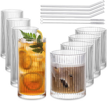 Load image into Gallery viewer, Classic Ribbed Drinking Glass Cups 370ml &amp; 410ml | Set of 8 | Includes 4PCS Straws
