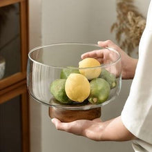 Load image into Gallery viewer, Large Glass Fruit Bowl - Clear Borosilicate Glass Fruit Bowl with Tray Wooden Base
