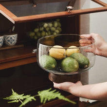 Load image into Gallery viewer, Large Glass Fruit Bowl - Clear Borosilicate Glass Fruit Bowl with Tray Wooden Base
