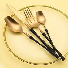 Load image into Gallery viewer, Black And Golden Plated Stainless Steel Flatware Set
