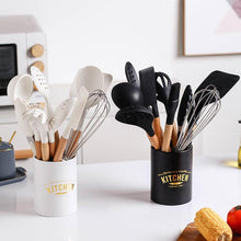 Load image into Gallery viewer, White/Black Silicone Cooking Utensils with Wooden Handles for Nonstick Cookware
