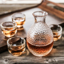 Load image into Gallery viewer, Japanese Sake Set for 4, Glass Hammer Pattern, 1 Cyrstal Clear Sake Bottle and 4 Sake Cups
