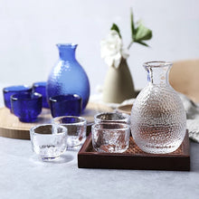 Load image into Gallery viewer, Japanese Sake Set for 4, Glass Hammer Pattern, 1 Cyrstal Clear Sake Bottle and 4 Sake Cups
