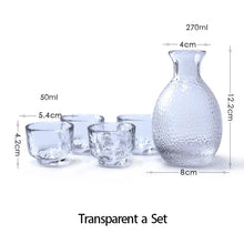 Load image into Gallery viewer, Japanese Sake Set for 4, Glass Hammer Pattern, 1 Cyrstal Clear Sake Bottle and 4 Sake Cups
