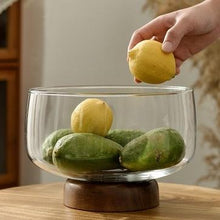 Load image into Gallery viewer, Large Glass Fruit Bowl - Clear Borosilicate Glass Fruit Bowl with Tray Wooden Base
