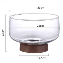 Load image into Gallery viewer, Large Glass Fruit Bowl - Clear Borosilicate Glass Fruit Bowl with Tray Wooden Base
